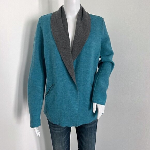 Eileen Fisher Women Merino Wool Blend Jacket Size Petite L PL Blue Gray Pockets - Picture 1 of 12